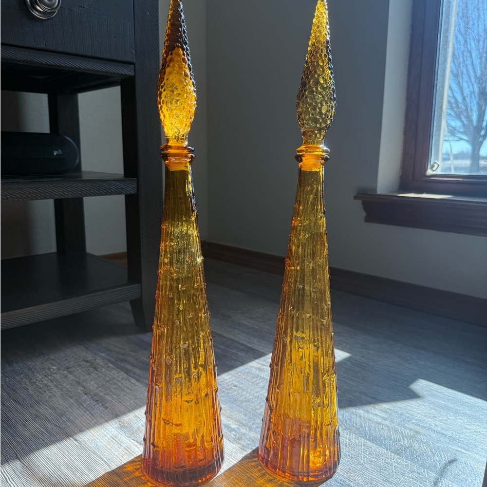 Vintage MCM Empoli Amber Glass “Genie” Bottle Decanters w/Stoppers (PAIR)